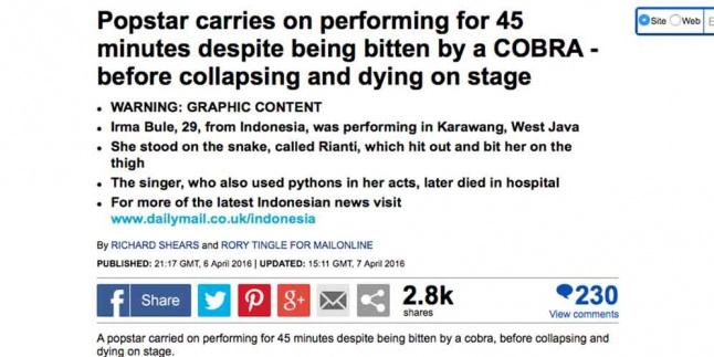 Heboh Pedangdut yang Mati Digigit Cobra Mendunia