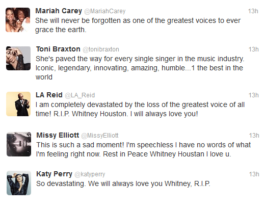 Seleb sampaikan rasa duka untuk Whitney via Twitter